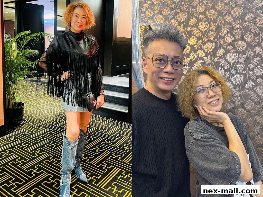 A woman in a stylish fringe top and denim skirt poses, while a couple smiles at the camera.