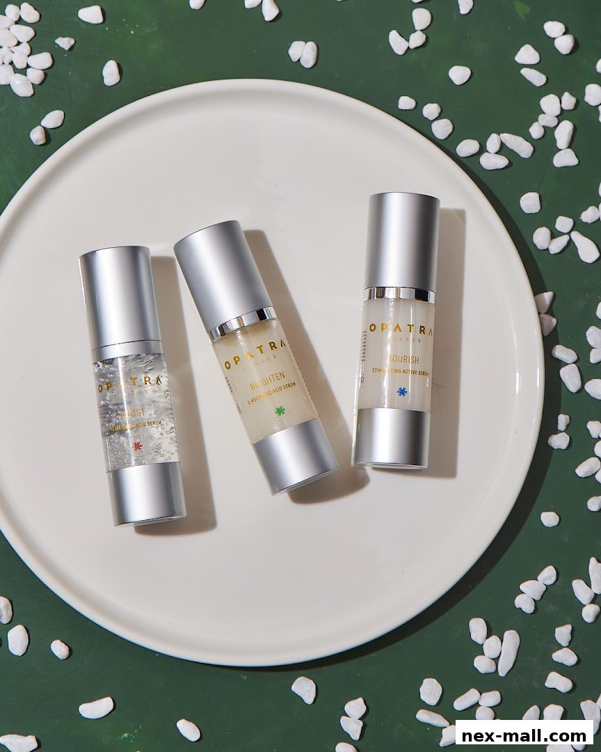 Three bottles of Opastra skincare serums displayed on a white plate with decorative stones.