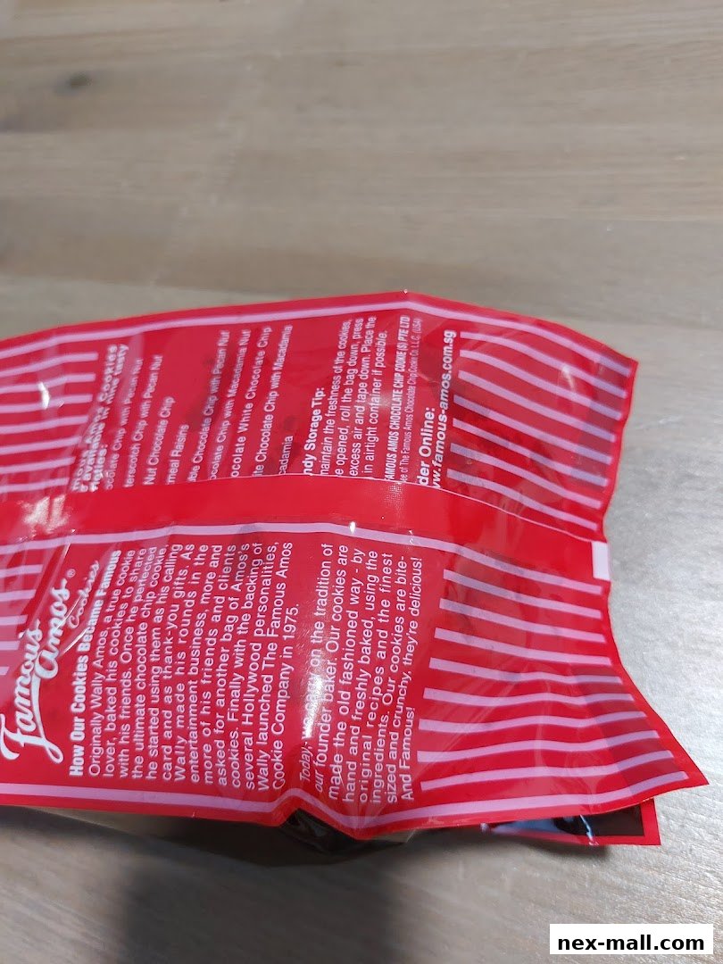A bag of Famous Amos cookies with product information and brand story.
