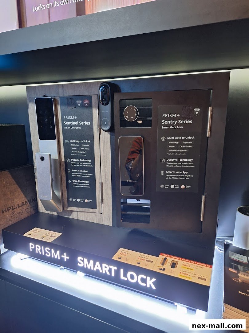 Display of PRISM+ smart door and gate locks with various unlocking features.