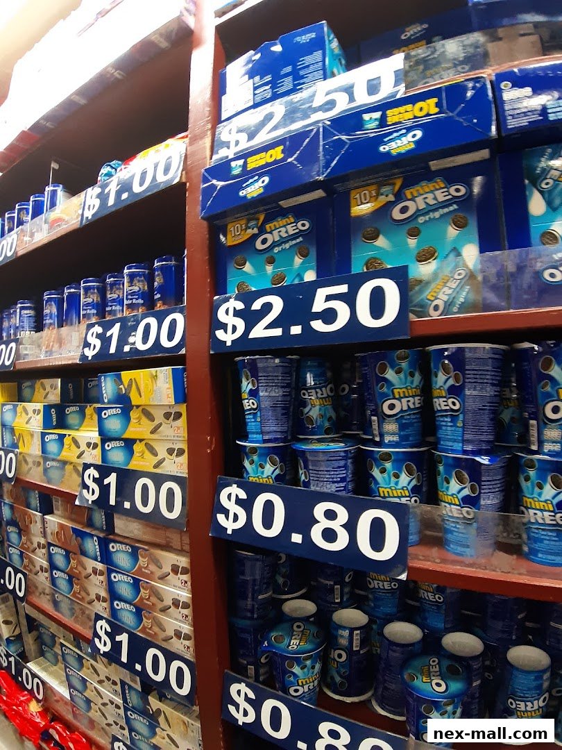 Shelves stocked with various Oreo cookie products, including mini Oreos and Oreo Thins, with prices displayed.
