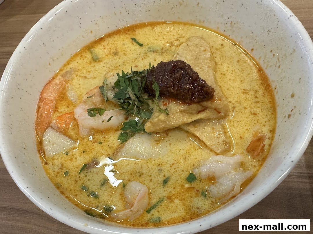 A close-up shot of a delicious bowl of Laksa with prawns and tofu.