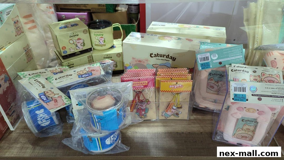 A collection of cute pig-themed merchandise, including pouches, mugs, and keychains.