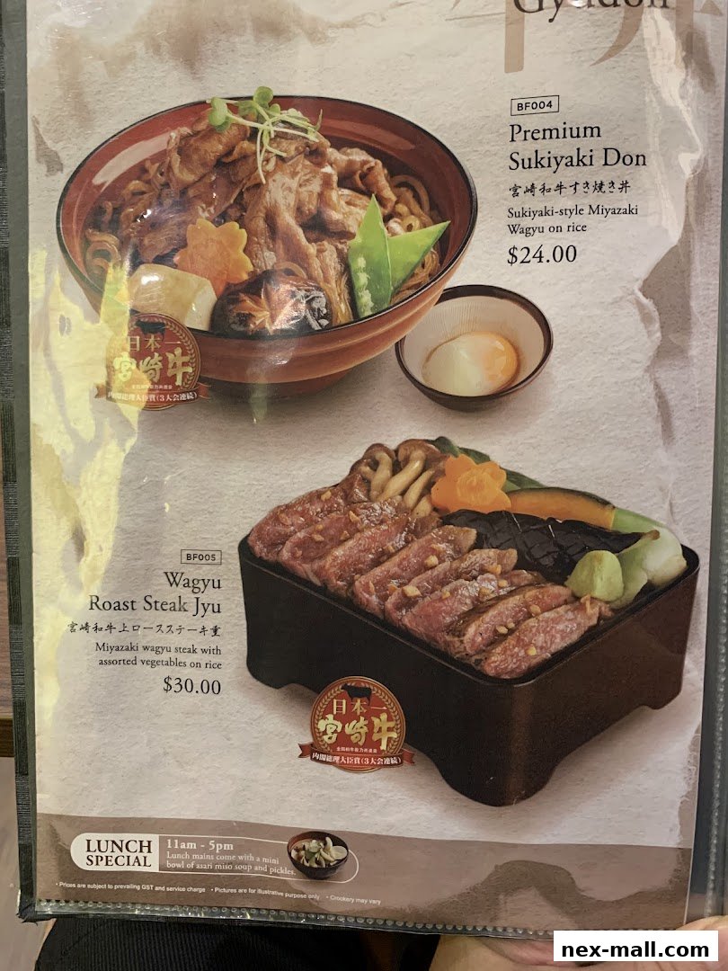 A menu featuring premium Sukiyaki Don and Wagyu Roast Steak Jyu with prices.