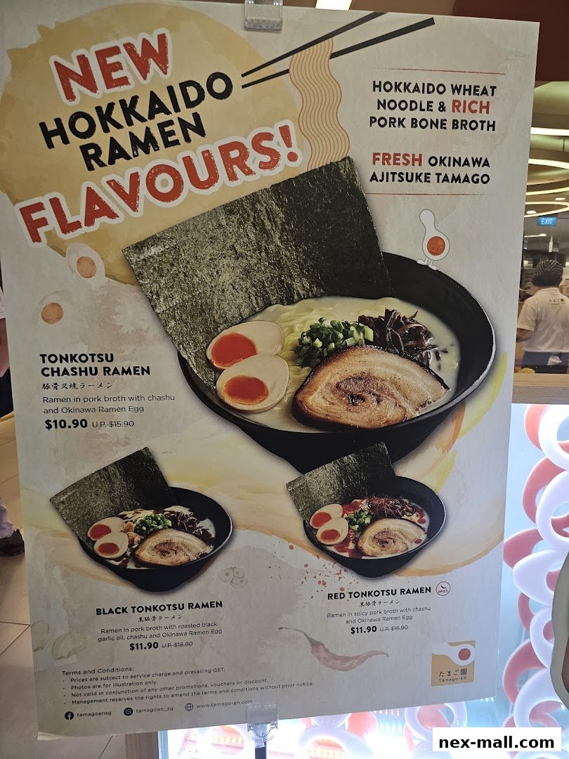 A poster advertising new Hokkaido ramen flavors from Tamago-EN NEX.