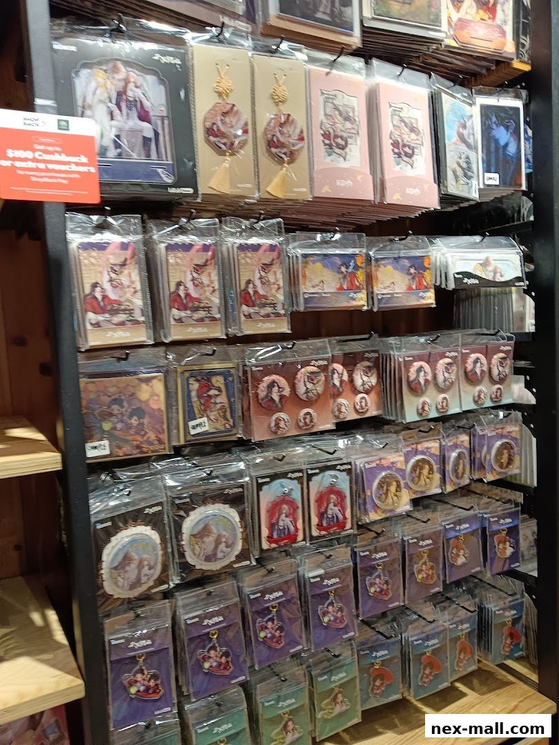 Shelves filled with packaged anime-style merchandise, including keychains and pins.