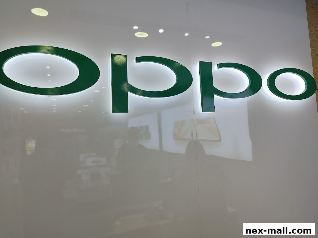 The OPPO logo is illuminated on a white wall, reflecting store interiors.