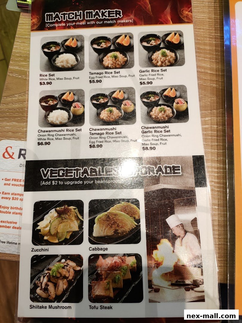 A menu featuring rice sets, chawanmushi sets, and vegetable upgrades with accompanying images.