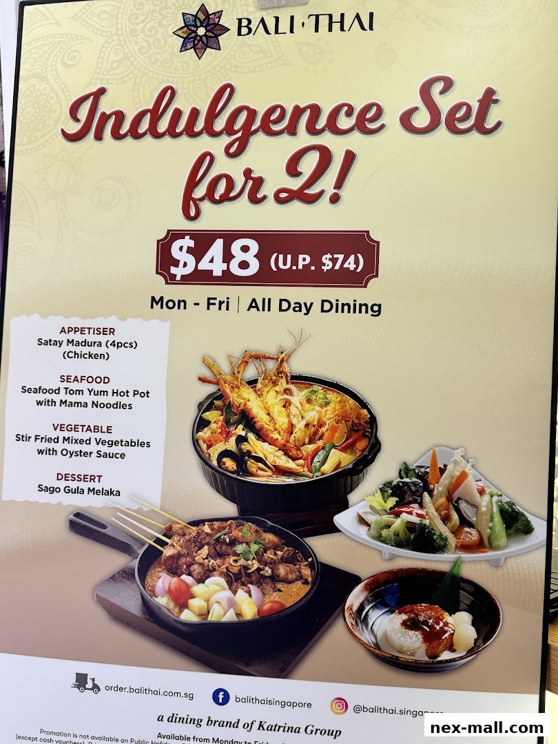 A menu for Bali Thai's 'Indulgence Set for 2' featuring various dishes and prices.