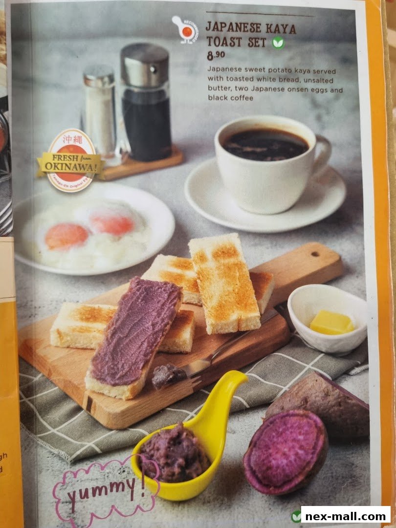 A Japanese Kaya Toast Set featuring sweet potato kaya, toast, butter, eggs, and coffee.