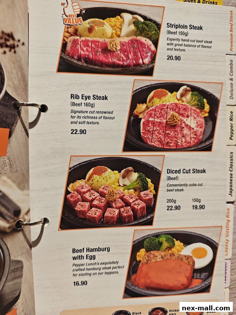 A menu page showcasing various steak and beef dishes with appetizing images and descriptions.
