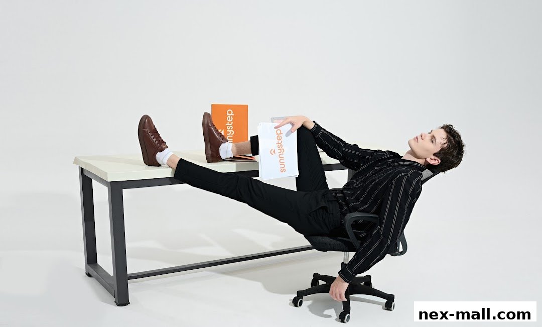 A man in brown shoes and a striped shirt relaxes with his feet up on a desk, holding Sunnystep branded items.