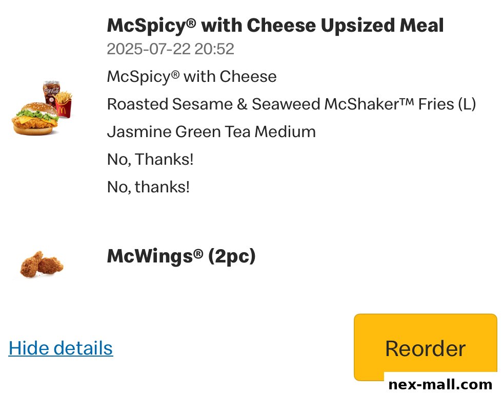 A McDonald's order showing a McSpicy with Cheese Upsized Meal and McWings.