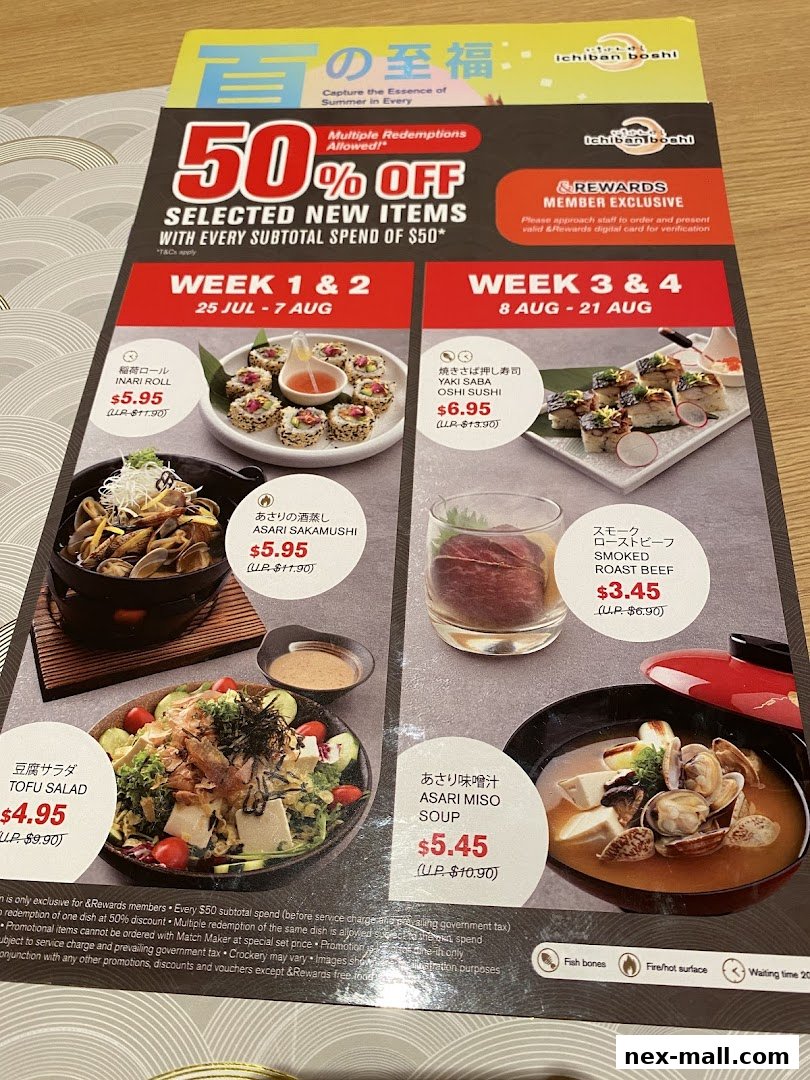 A promotional menu from Ichiban Boshi offering 50% off selected new items with a subtotal spend of $50.