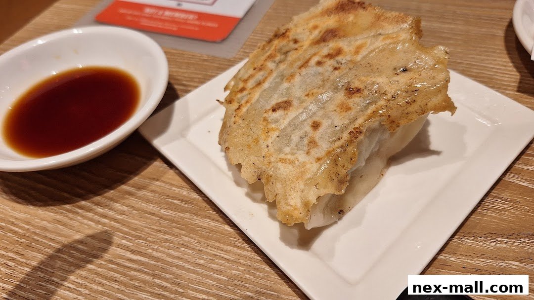 A close-up shot of pan-fried gyoza served with a side of soy sauce.