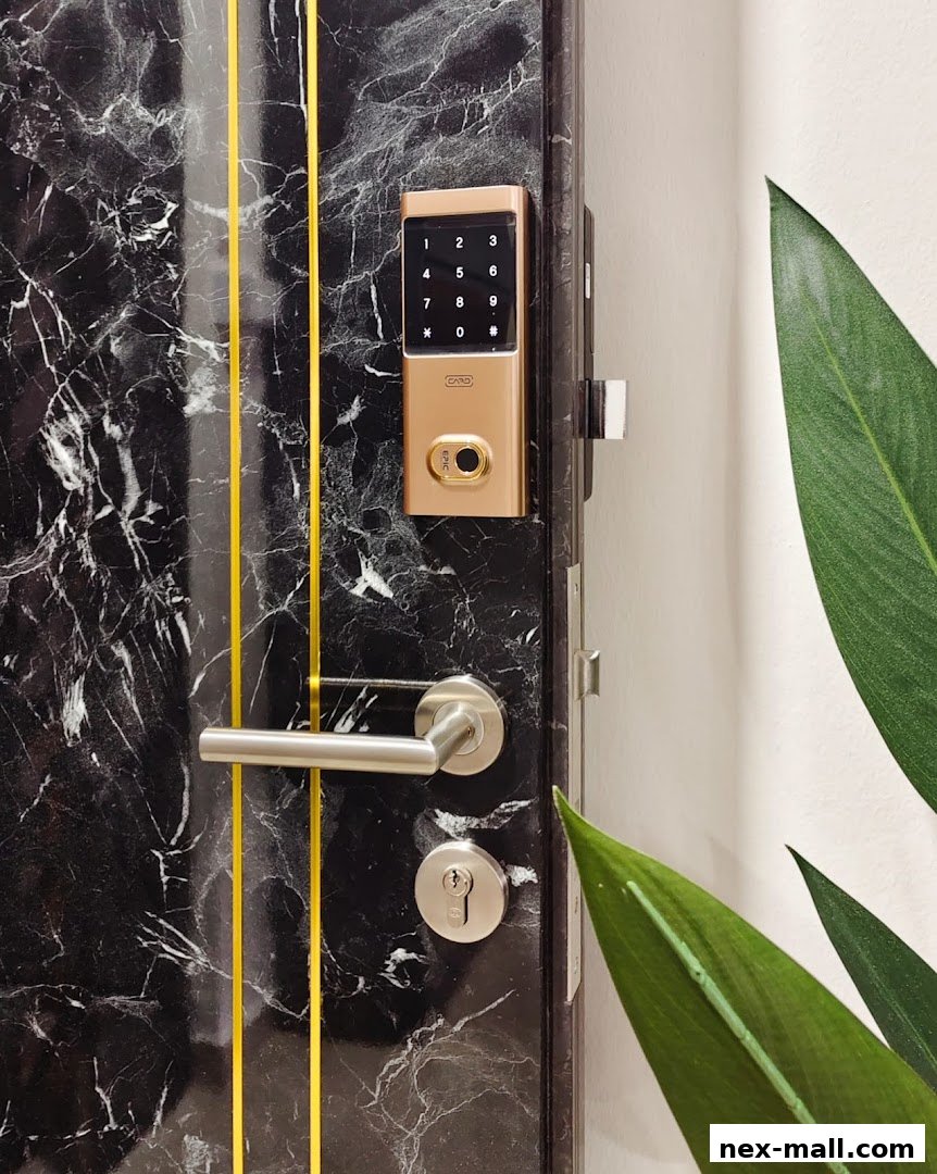 A modern digital door lock with a keypad and handle on a black marble door.