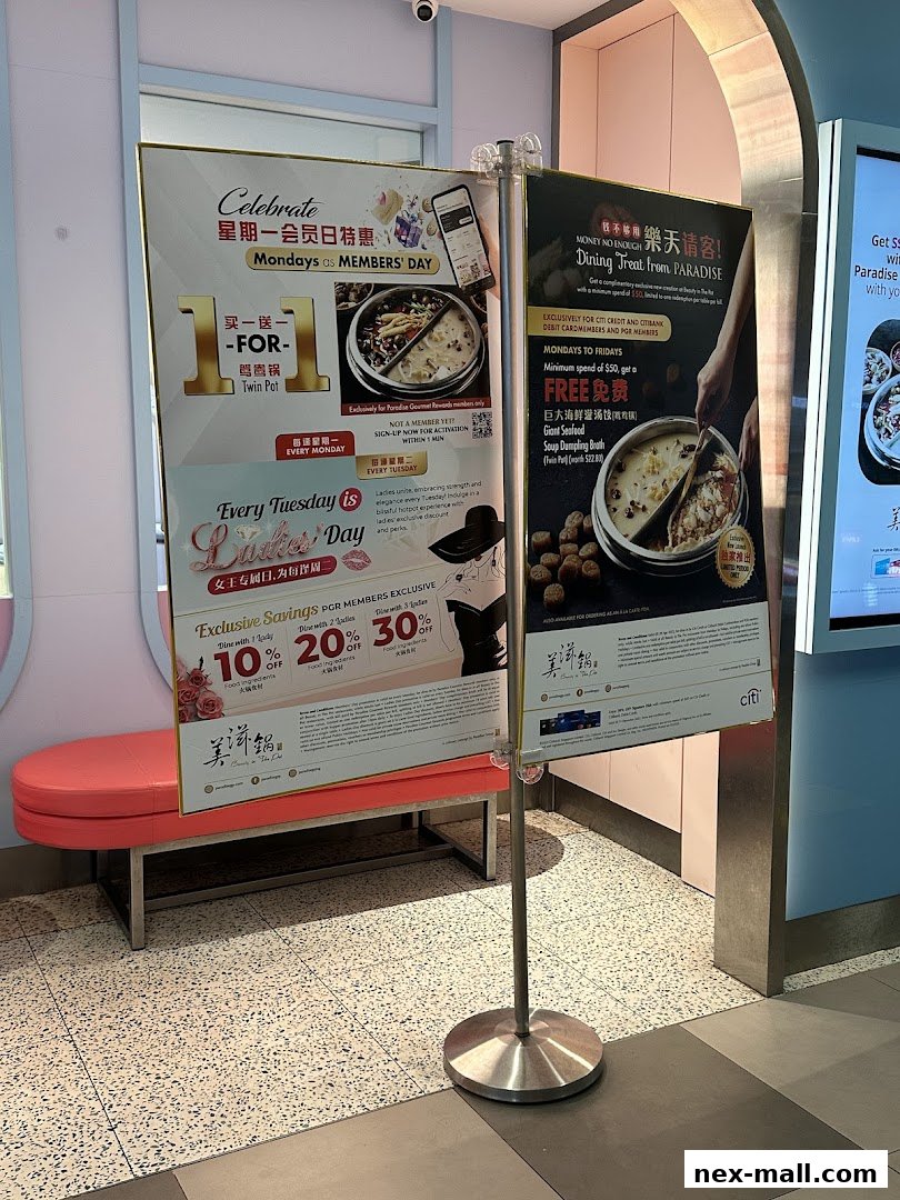 Promotional posters for Beauty in The Pot at NEX, showcasing dining deals and offers.