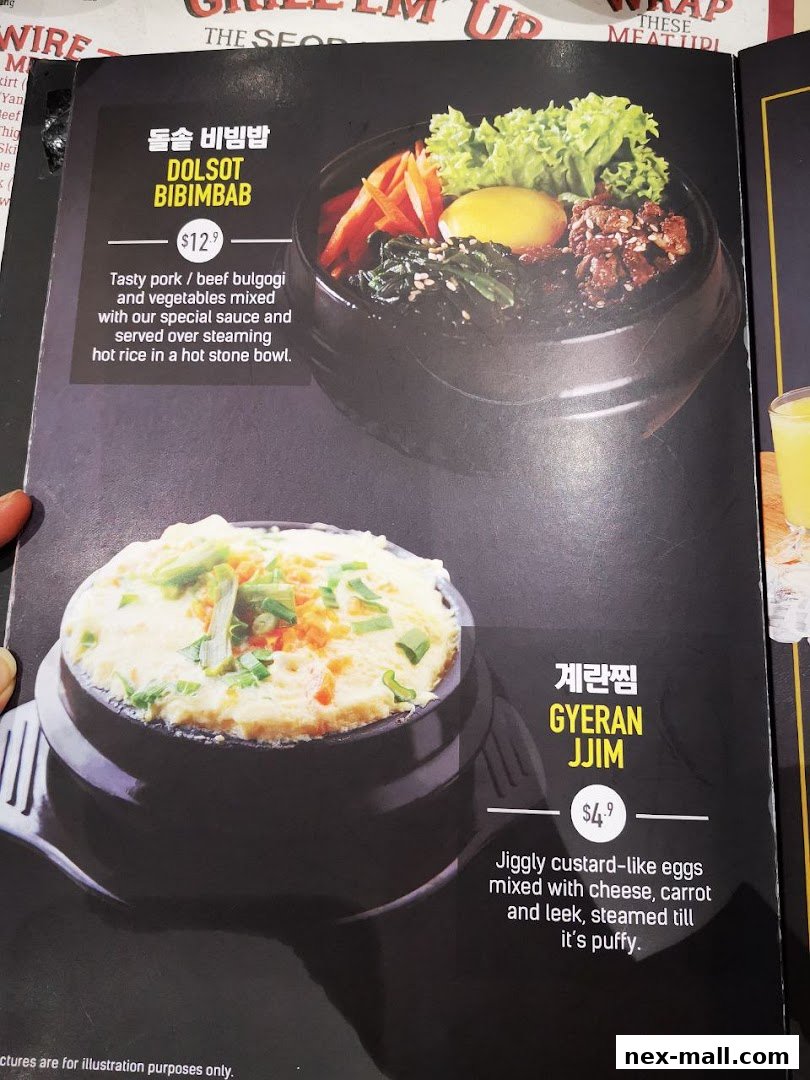 A menu page showcasing two Korean dishes: Dolsot Bibimbap and Gyeran Jjim.