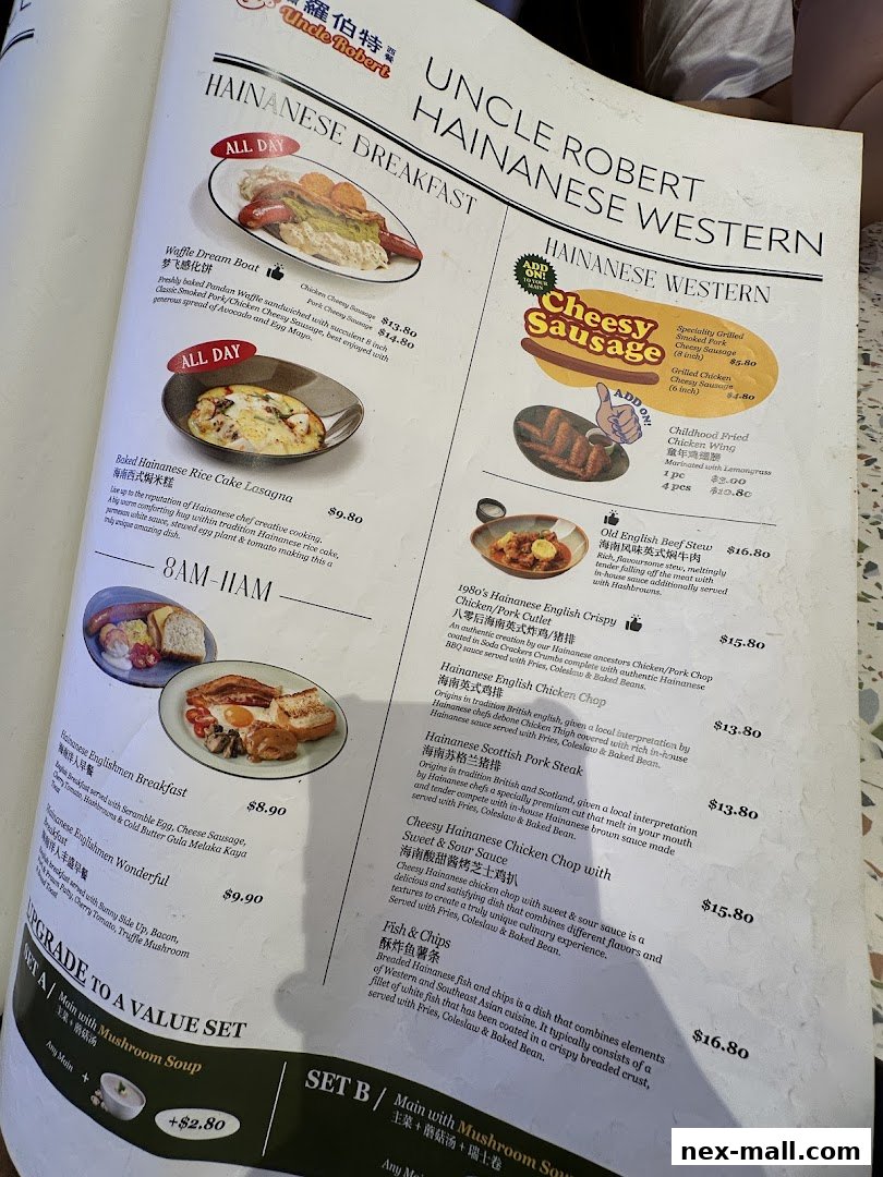 A menu from Uncle Robert Hainanese Western featuring breakfast and main courses.