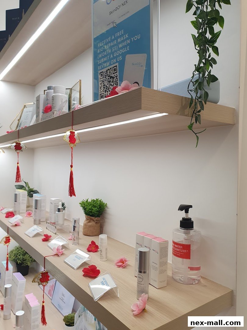 Shelves display various skincare products, promotional signs, and decorative elements.