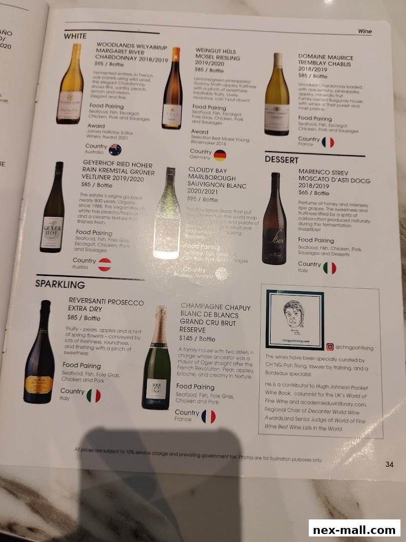 A menu showcasing a selection of white, sparkling, and dessert wines with descriptions and prices.