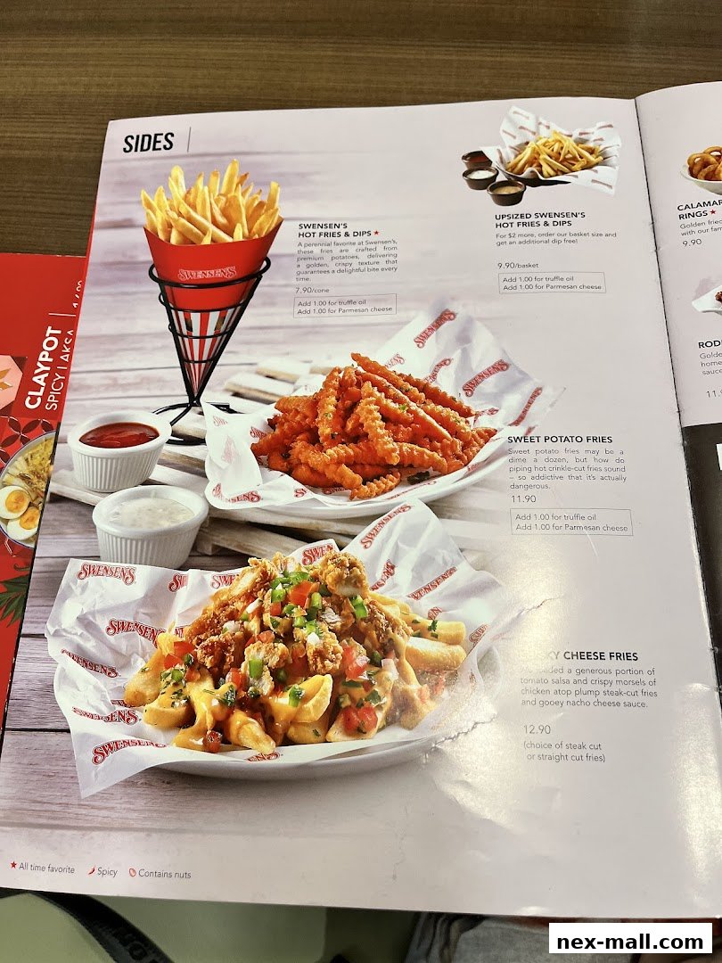 A menu page showcasing various fries and side dishes from Swensen's.