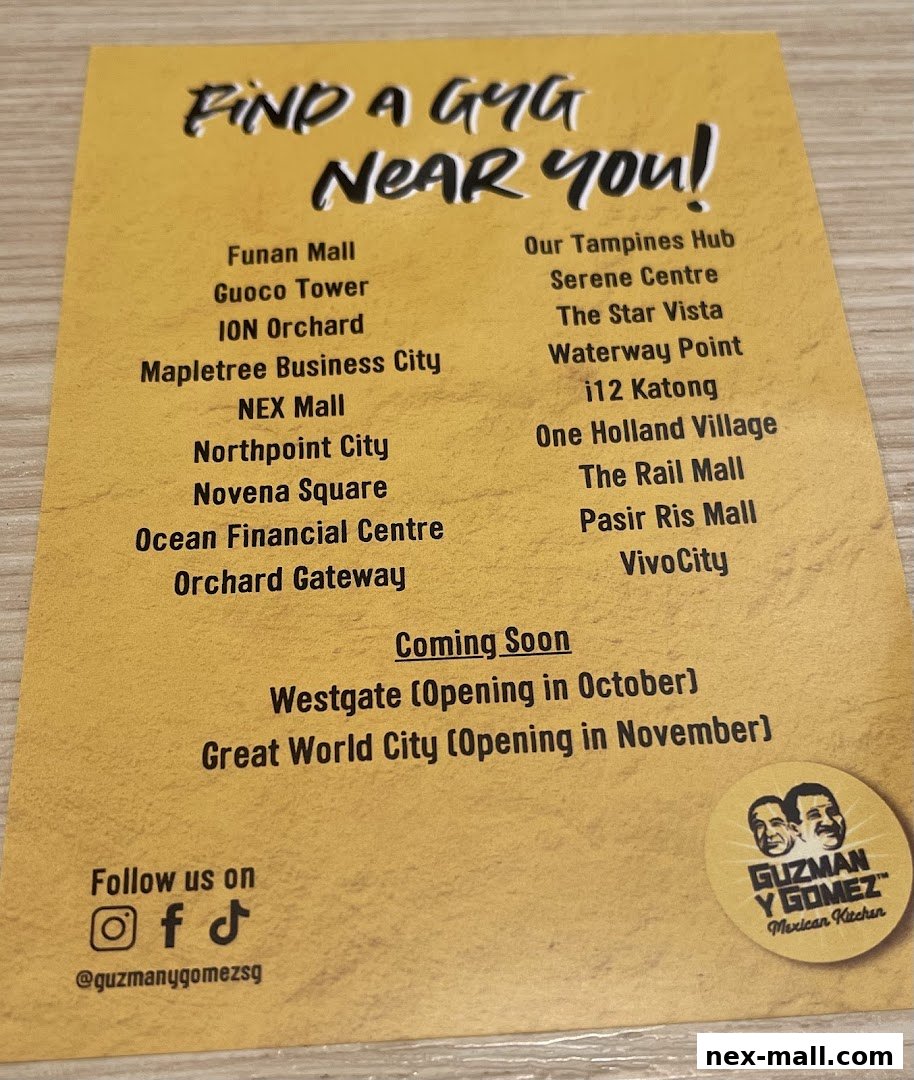 A flyer listing Guzman y Gomez locations and social media handles.