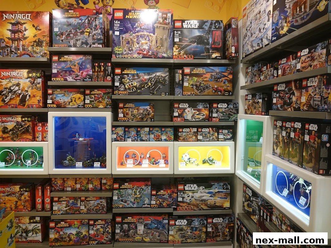 Shelves filled with various LEGO sets, including Ninjago, Super Heroes, and Star Wars themes.