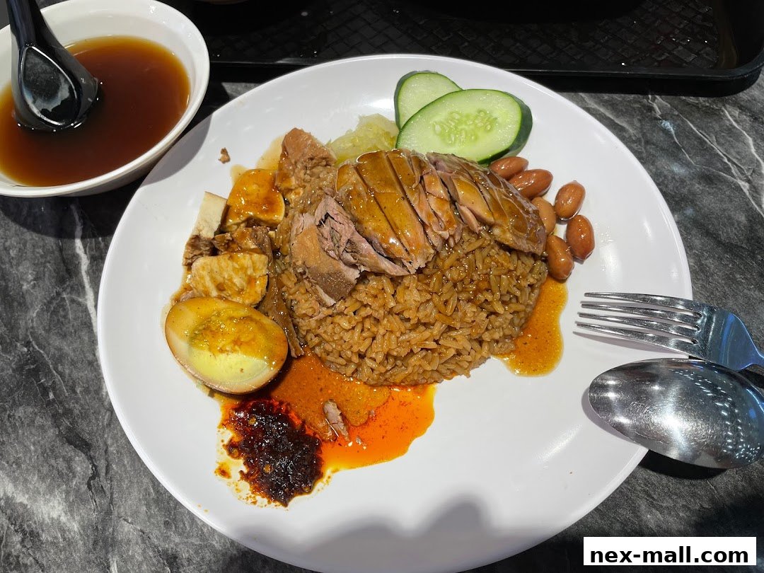 A plate of braised duck rice with braised egg, peanuts, cucumber, and a side of soup.
