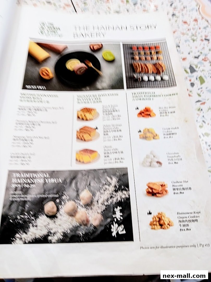 A menu from The Hainan Story Bakery showcasing various traditional baked goods and cookies.
