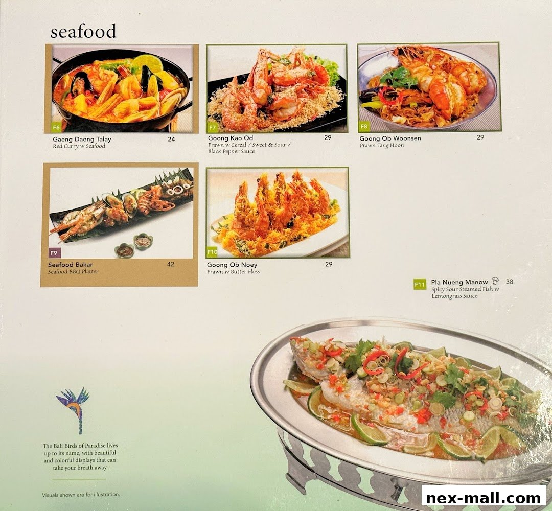 A menu page showcasing various seafood dishes with images and prices.