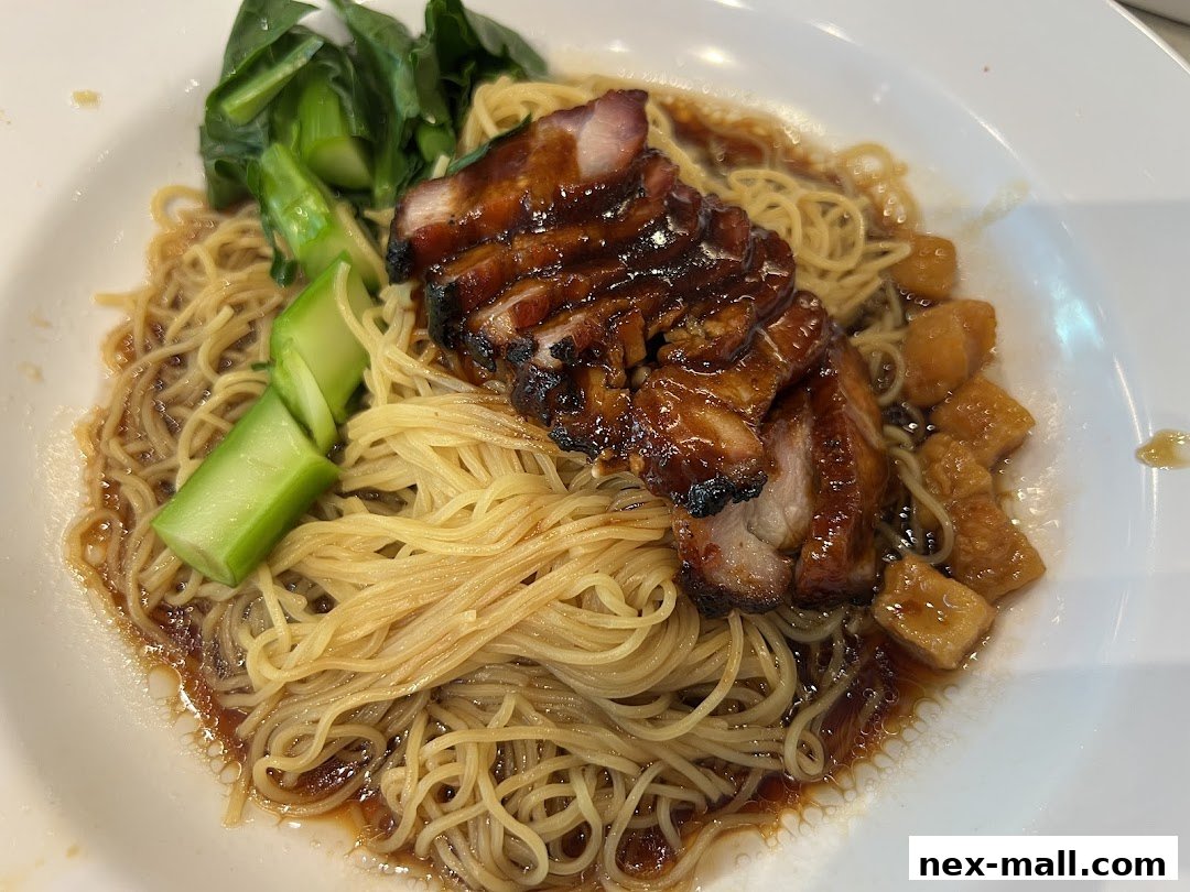 A close-up shot of a delicious bowl of noodles with char siu pork and vegetables.