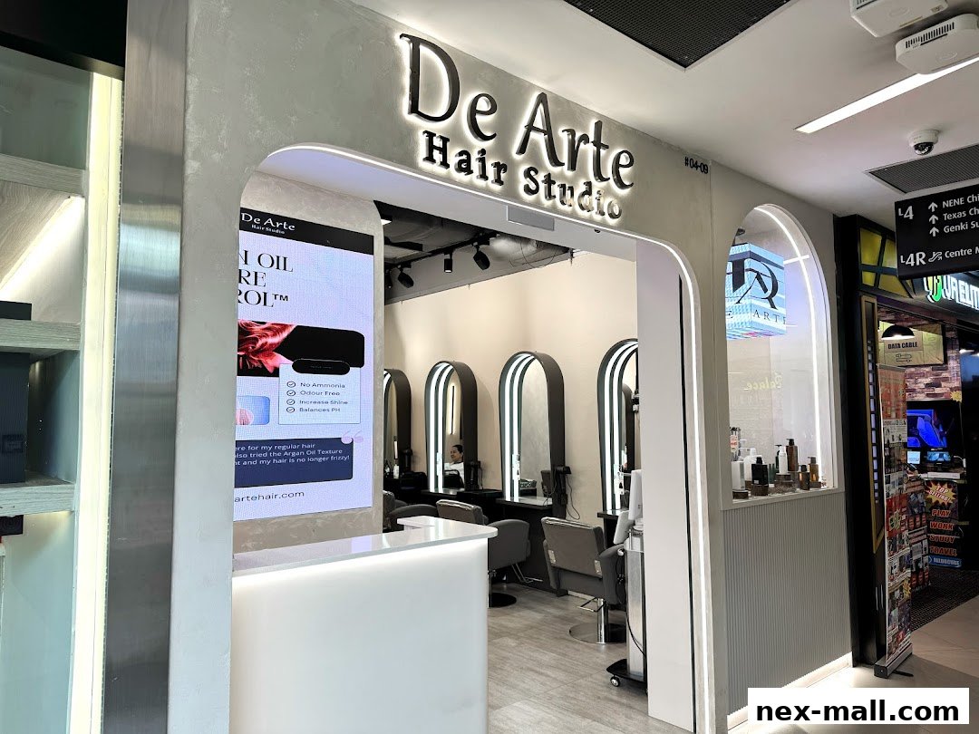 The entrance of De Arte Hair Studio, showcasing its modern interior and a digital display.