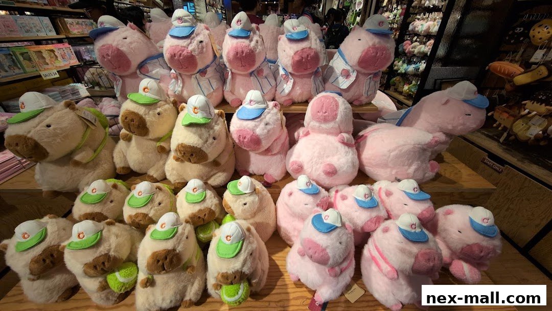 A collection of cute, plush pig and capybara toys wearing hats and some holding tennis balls.