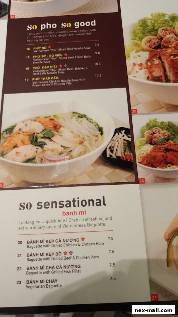 A menu from So Pho NEX featuring Vietnamese noodle soups and baguettes with prices.
