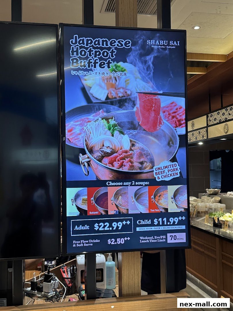 A digital menu board for Shabu Sai, showcasing a Japanese Hotpot Buffet with pricing.