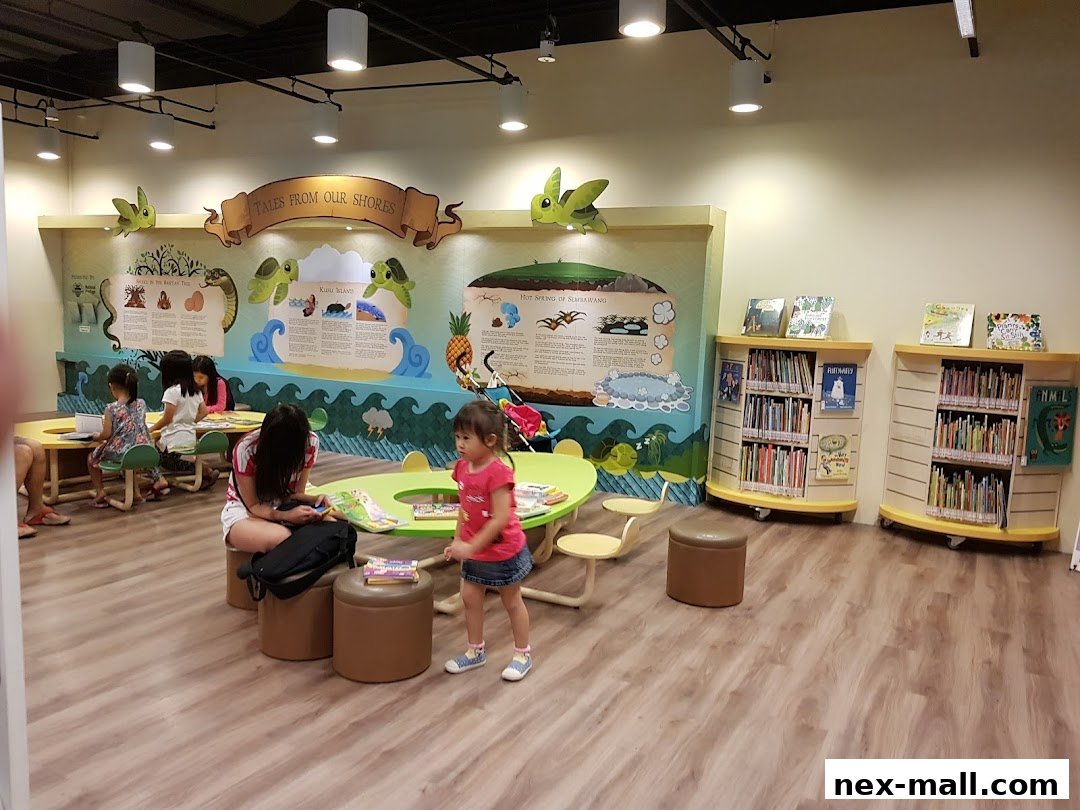 Children and adults in a library's reading area with colorful murals and bookshelves.