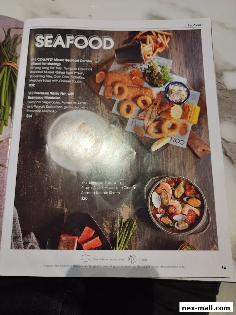 A menu page showcasing various seafood dishes with appealing descriptions and prices.
