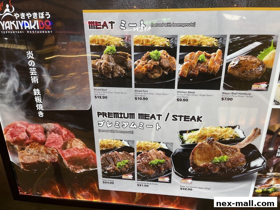 A menu display for Yaki Yaki Bo Teppanyaki Restaurant featuring various meat dishes.