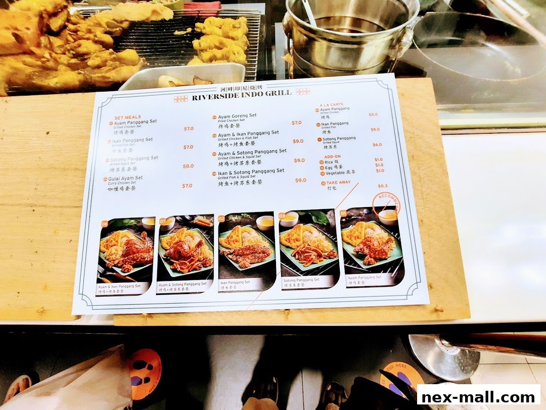 A menu from Riverside Indo Grill featuring set meals and a la carte options with images of food.