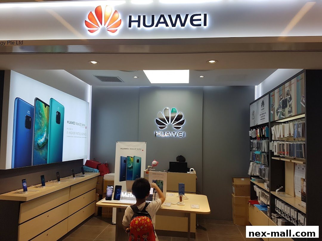 Interior of a Huawei concept store showcasing smartphones and accessories.