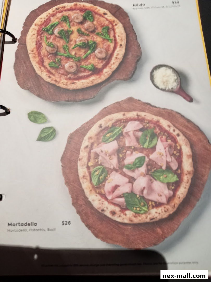 A menu page showcasing two gourmet pizzas with fresh ingredients and appetizing toppings.