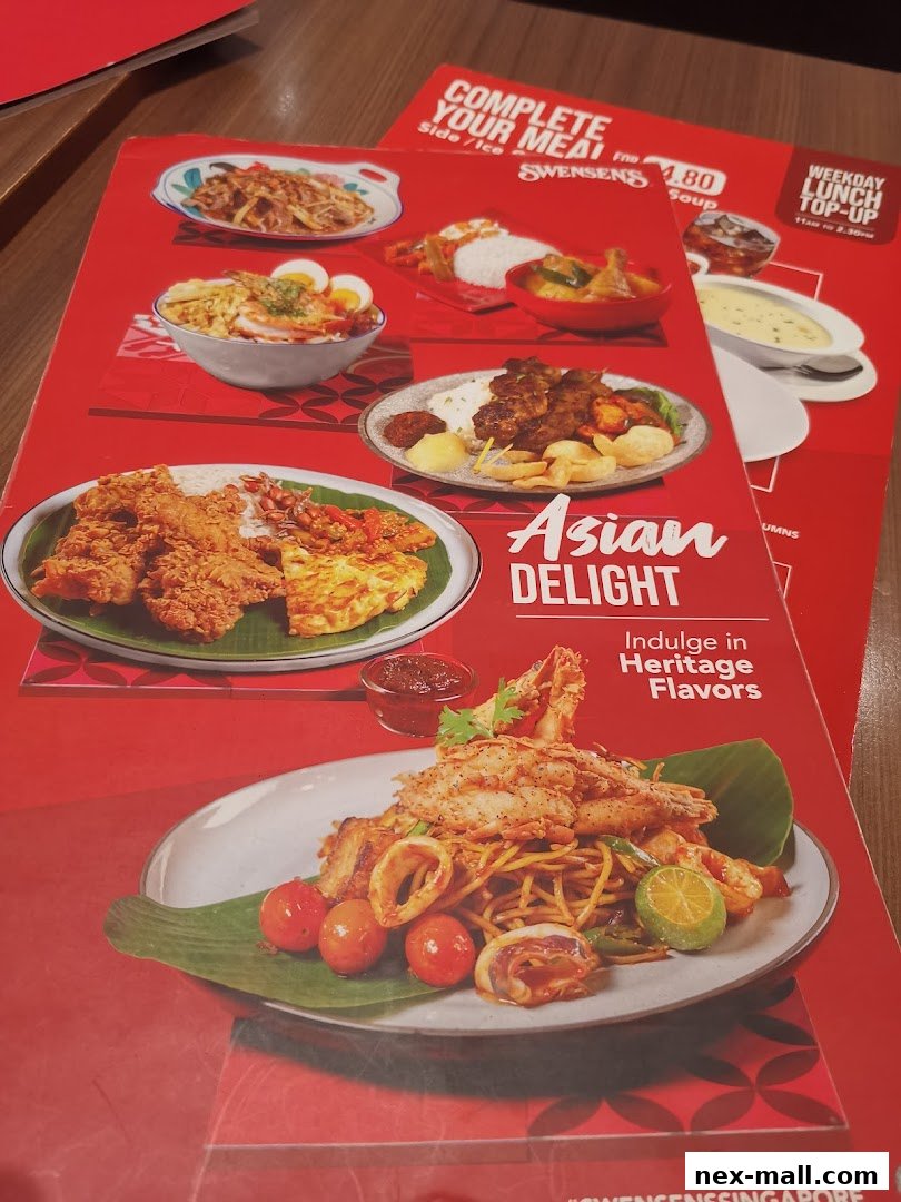 A Swensen's menu featuring various Asian dishes with vibrant food photography.