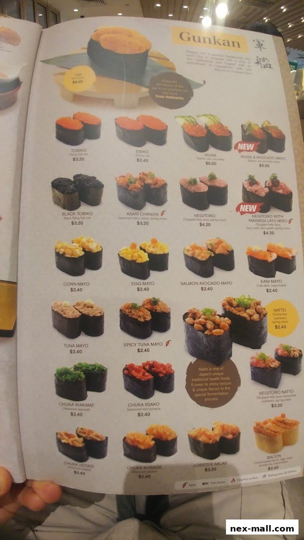 A menu page showcasing various types of Gunkan sushi with prices and descriptions.