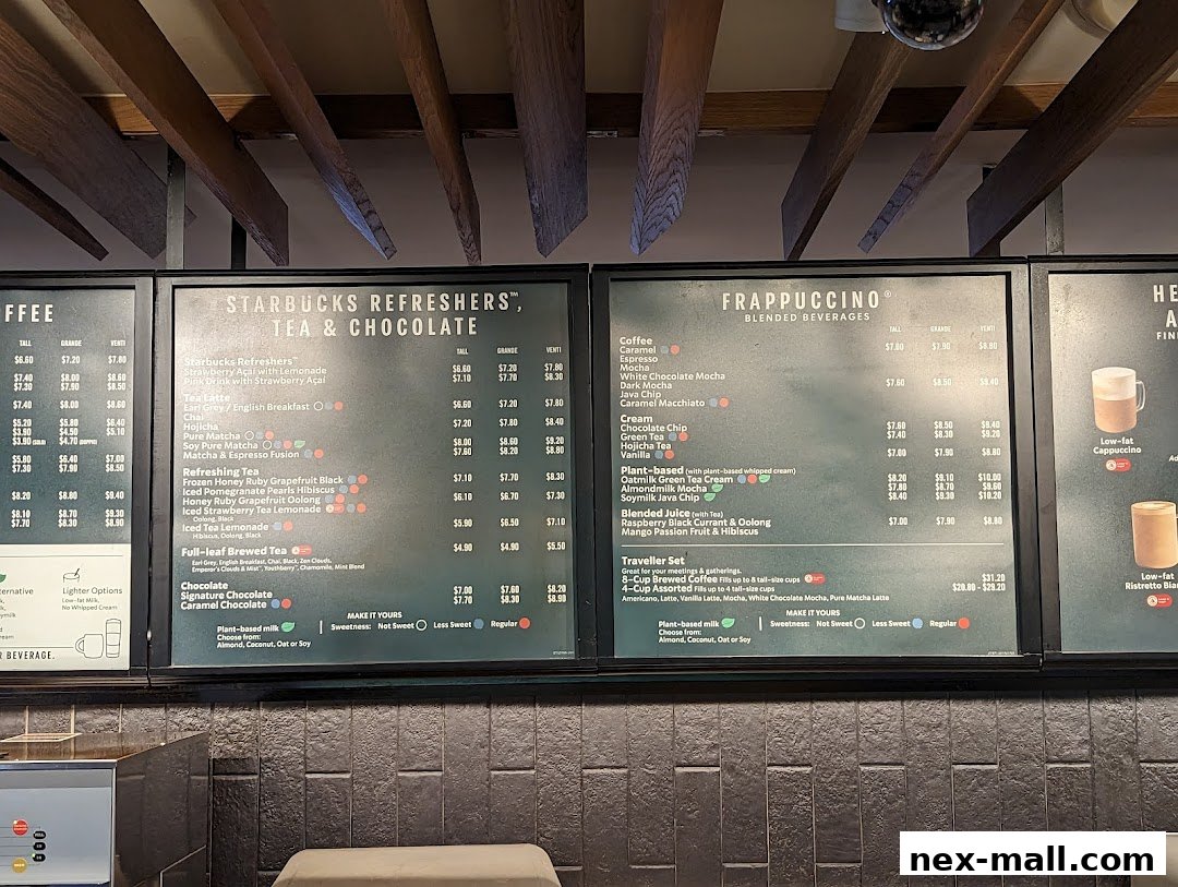 A menu board displaying various Starbucks beverages including Refreshers, Teas, Chocolates, and Frappuccinos.