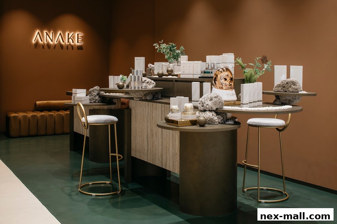 Anake shop display featuring skincare products and elegant seating.