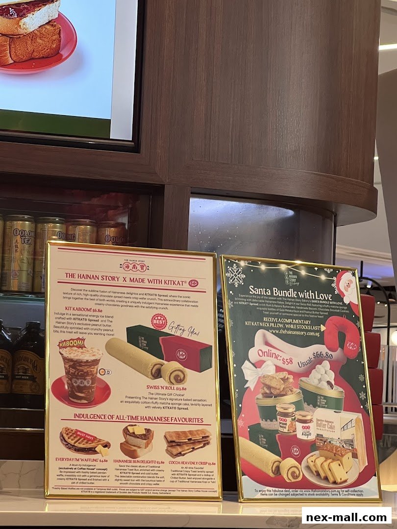 Two promotional posters for The Hainan Story Coffee House, featuring food and holiday bundles.