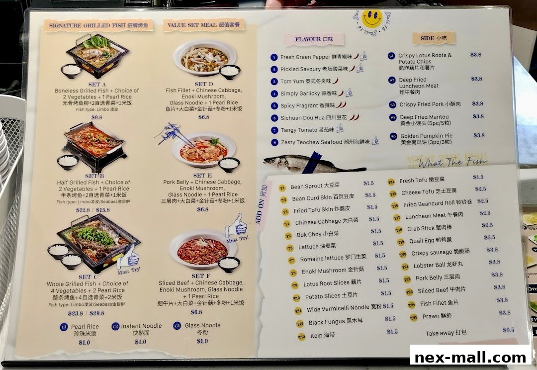 A menu featuring signature grilled fish, value set meals, flavors, sides, and add-on items.