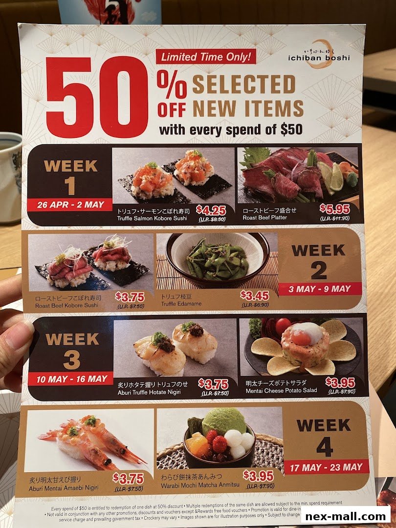 A promotional flyer for Ichiban Boshi offering 50% off selected new items with a minimum spend.
