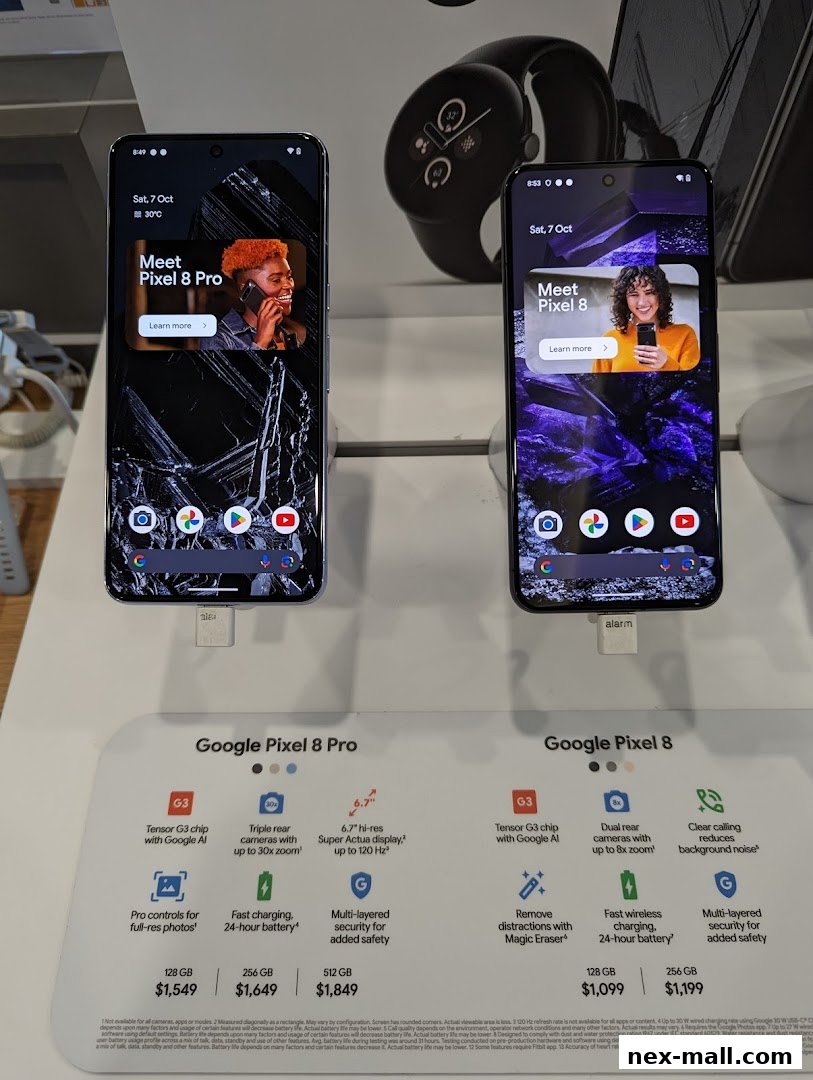 Display of Google Pixel 8 and Pixel 8 Pro phones with feature highlights and pricing.